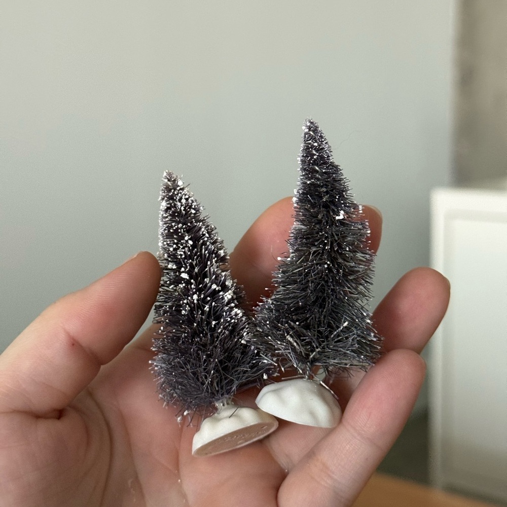 2pcs Vintage Christmas Gray Flocked Plastic Made in China Bottle Brush Tree